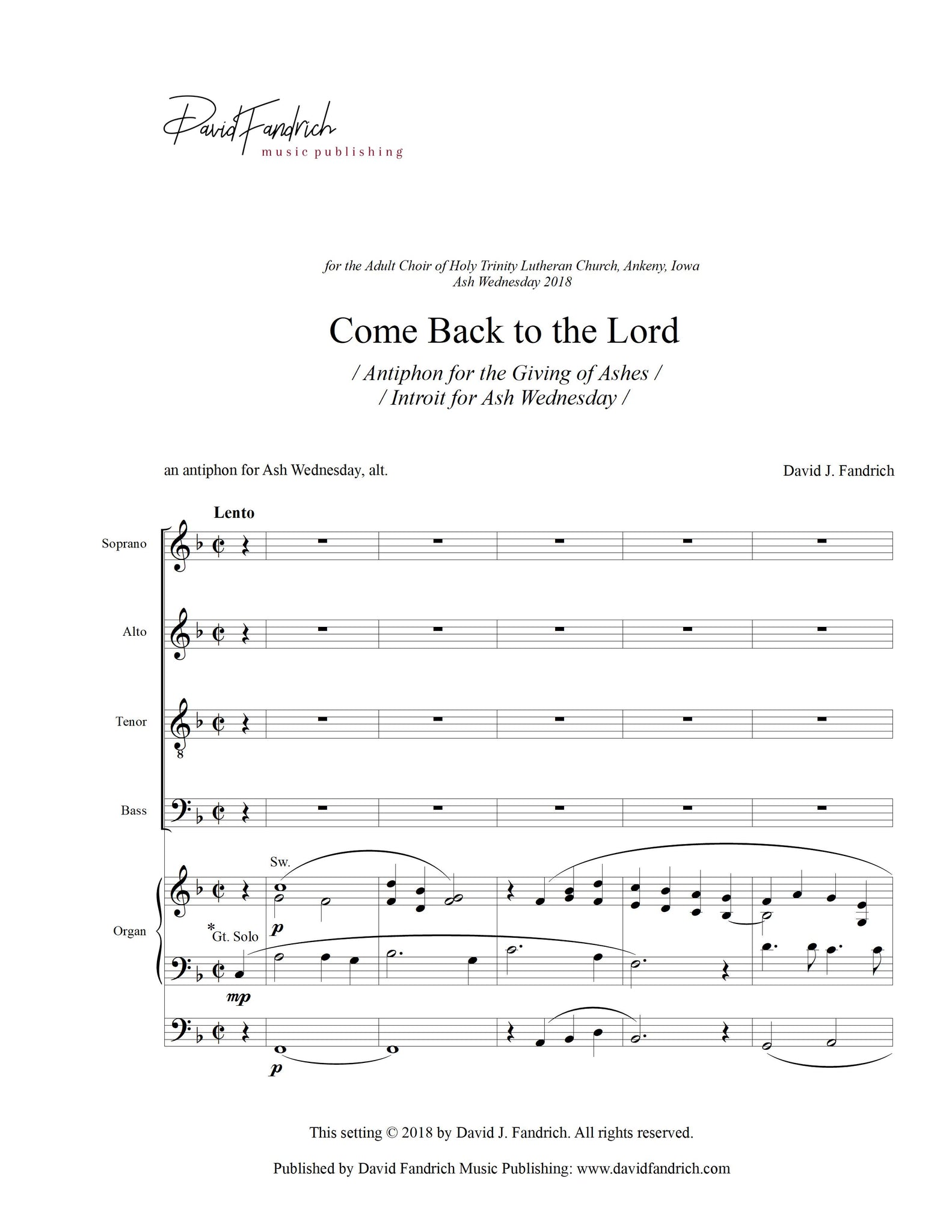 Come Back to the Lord: SATB anthem